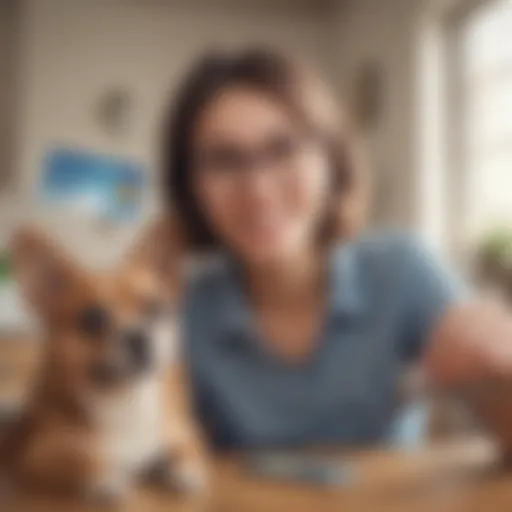 A happy pet owner holding a credit card while playing with their dog