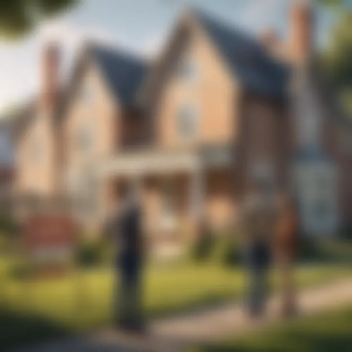 A couple discussing in front of a house for sale