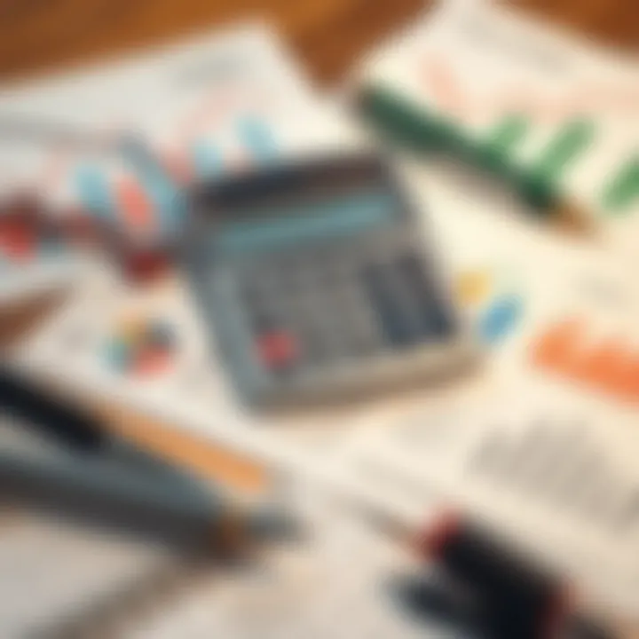 A calculator surrounded by financial documents and charts