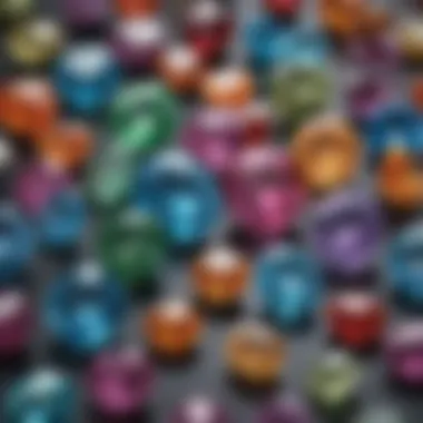 An array of precious gemstones laid out for assessment, highlighting their colors and cuts