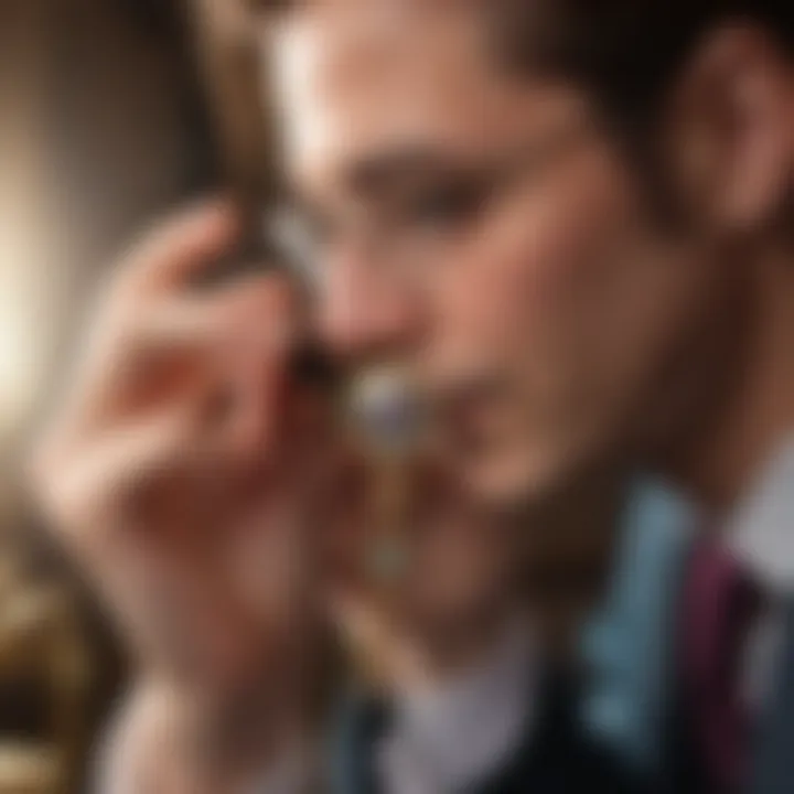 A professional appraiser examining a vintage necklace with a loupe under a bright light