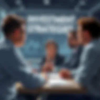 A group of financial analysts discussing investment strategies