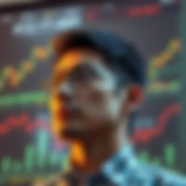 A person contemplating stock market decisions with charts in the background